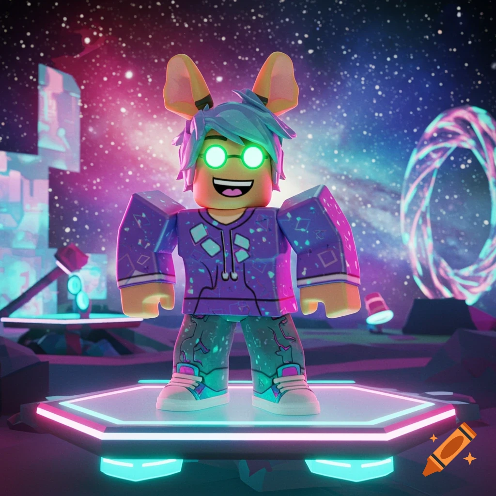 A vibrant Roblox avatar with glowing green eyes and animal ears stands on a neon platform in a futuristic space setting.
