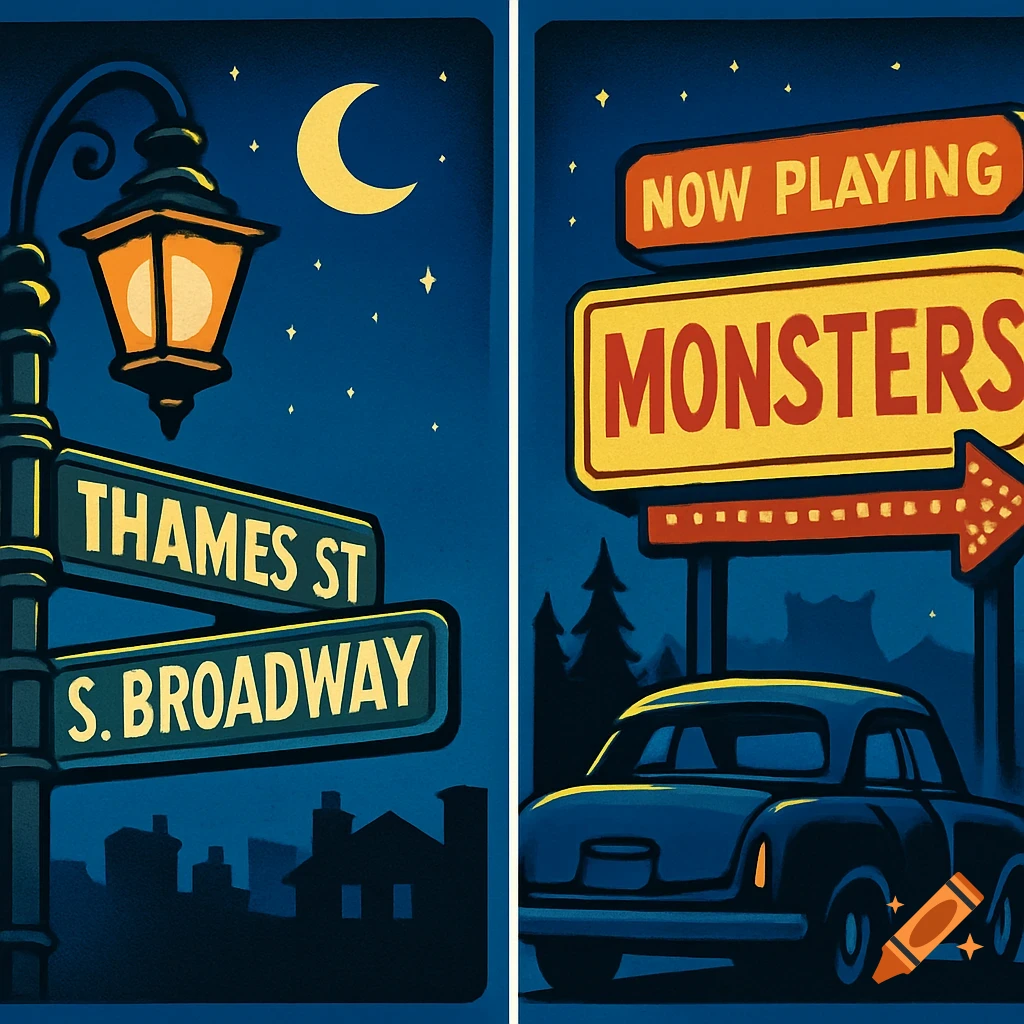 Two retro cartoon banners at night: a street lamp and signs for "THAMES ST" and "S. BROADWAY"; a drive-in sign "NOW PLAYING MONSTERS" with a vintage car.