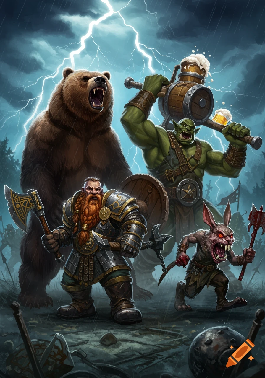 A detailed fantasy illustration of a roaring grizzly bear, a dwarf warrior, an orc with a beer keg weapon, and a killer rabbit, ready for battle in a thunderstorm.