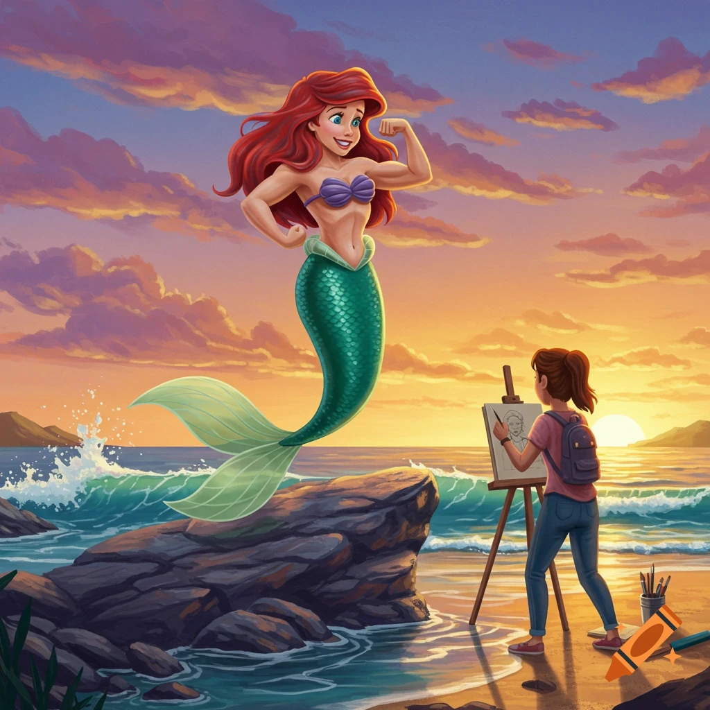 Ariel the Little Mermaid, with defined muscles, flexes on a rock as a student paints her on a beach at sunset.