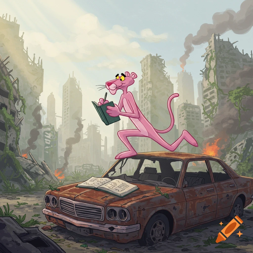 A cartoon Pink Panther writing in a notebook while doing a split on a rusty car in an apocalyptic city with destroyed buildings.