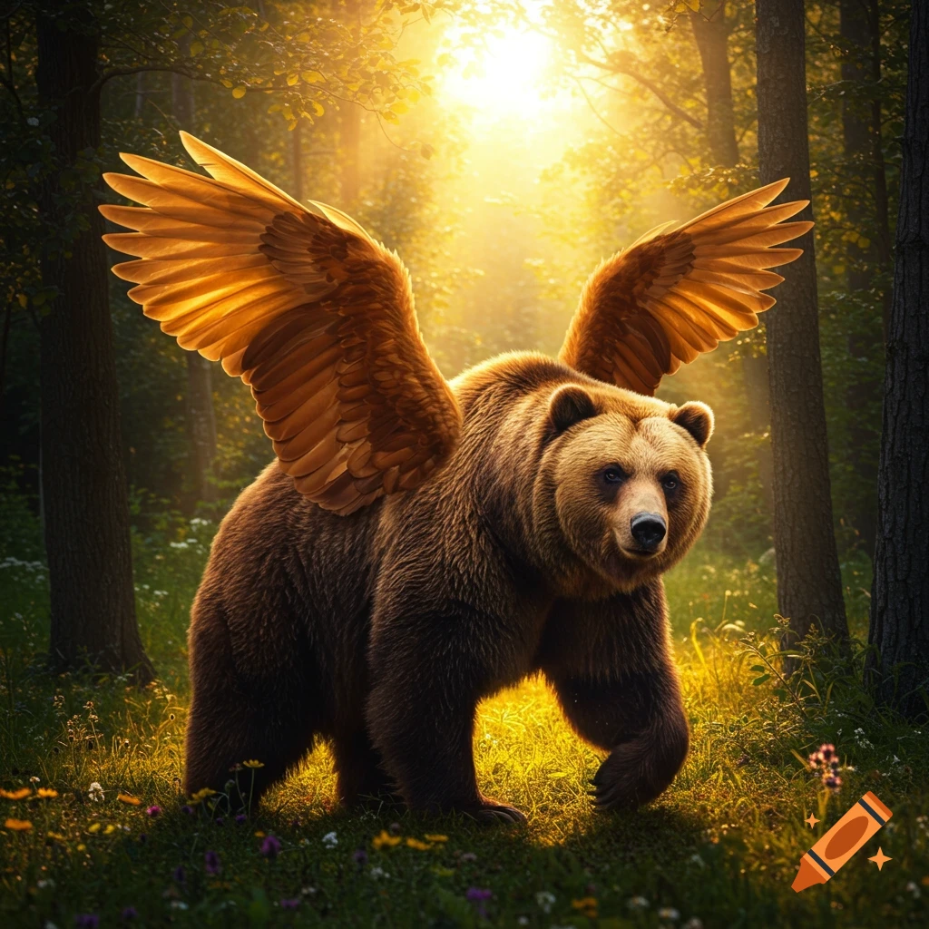 A winged brown bear stands in a sunlit forest clearing.