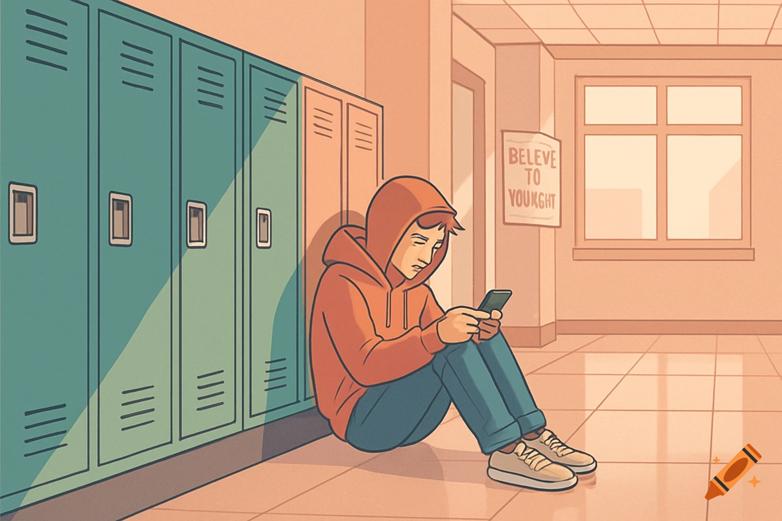 A vector illustration of a sad teenage boy in an orange hoodie and blue jeans sitting on the floor leaning against lockers, looking at his phone in a school hallway.