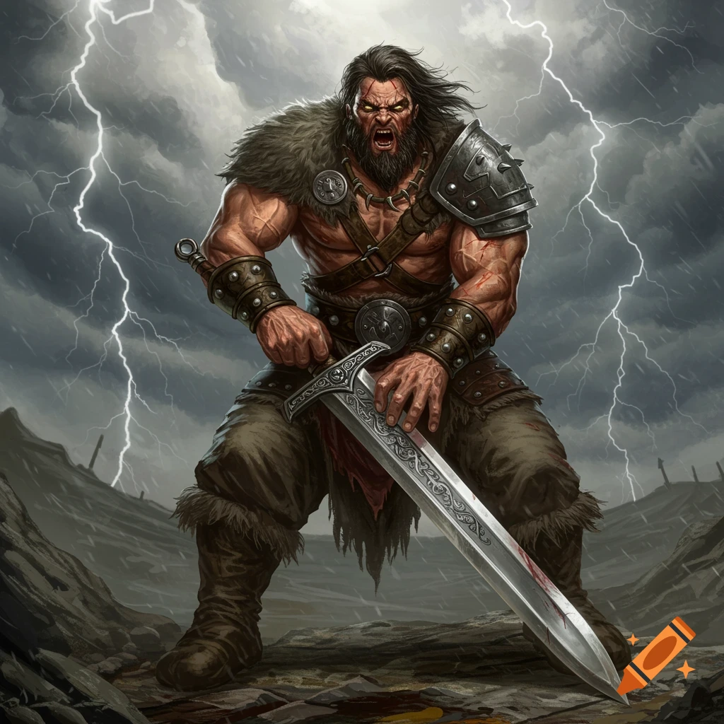 A fierce barbarian warrior with long dark hair and a beard, wearing fur and armor, clutches a bloodied sword under a stormy, lightning-filled sky.