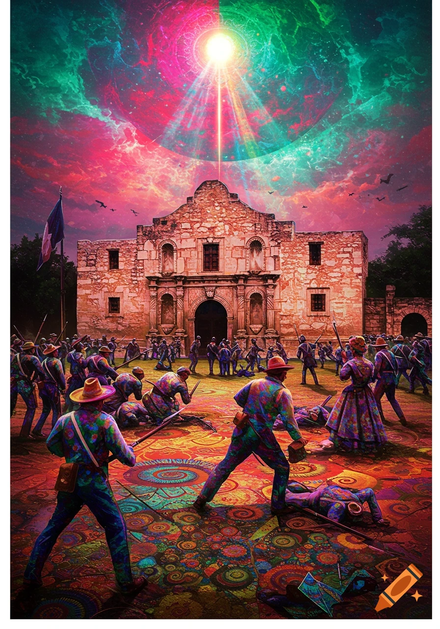 Psychedelic Battle of the Alamo with soldiers and a light ray from above, rendered in vibrant, swirling colors.