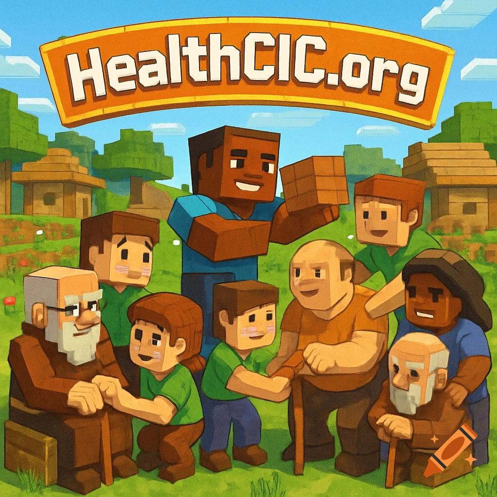 A diverse group of Minecraft-style characters, young and old, helping each other outdoors under a "HealthCIC.org" banner.