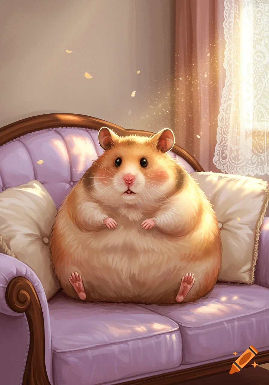 A very fat, cute golden hamster sits upright on a fluffy purple sofa in a sunlit room, digital illustration.