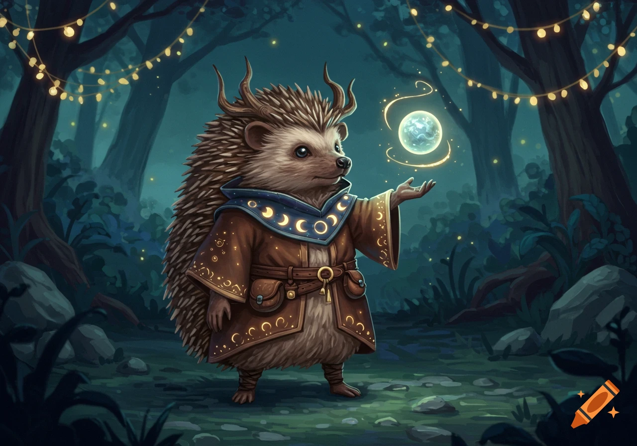 A stylized hedgehog druid with horns and a starry robe holds a glowing magic orb in an enchanted forest with string lights.