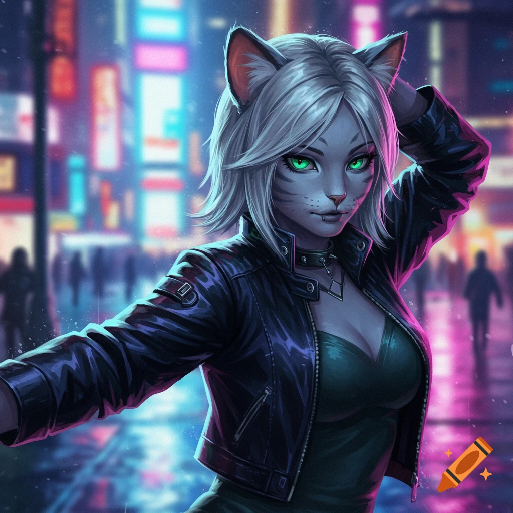 A white-haired cat-girl with glowing green eyes and a black leather jacket poses in a neon-lit cyberpunk city at night.