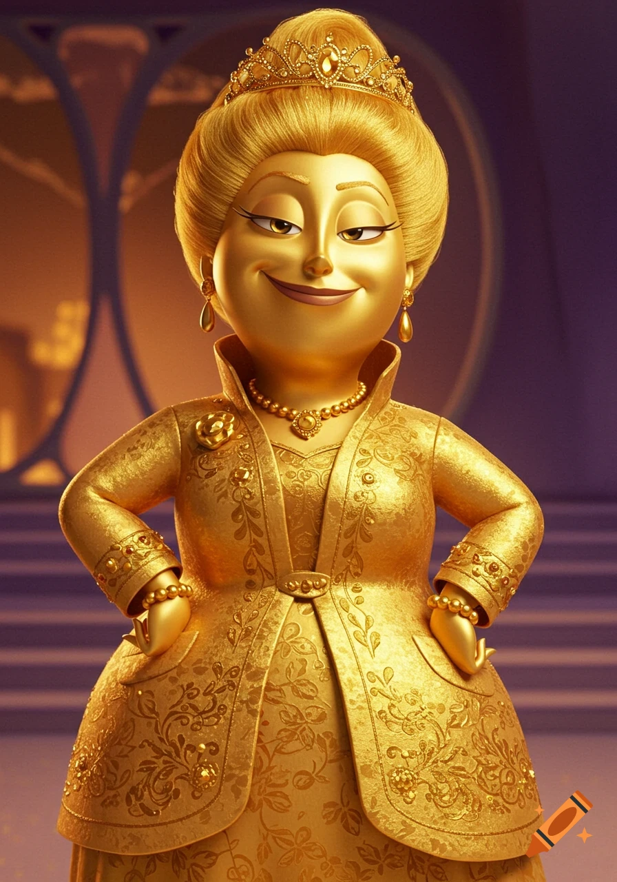 A luxurious, gold-skinned cartoon character with a tiara and ornate gown, smirking confidently.