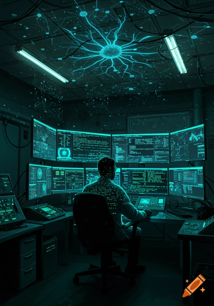 A person sits at a desk in a dark, teal-lit room, surrounded by multiple glowing computer screens displaying code, with a large glowing neuron on the ceiling.