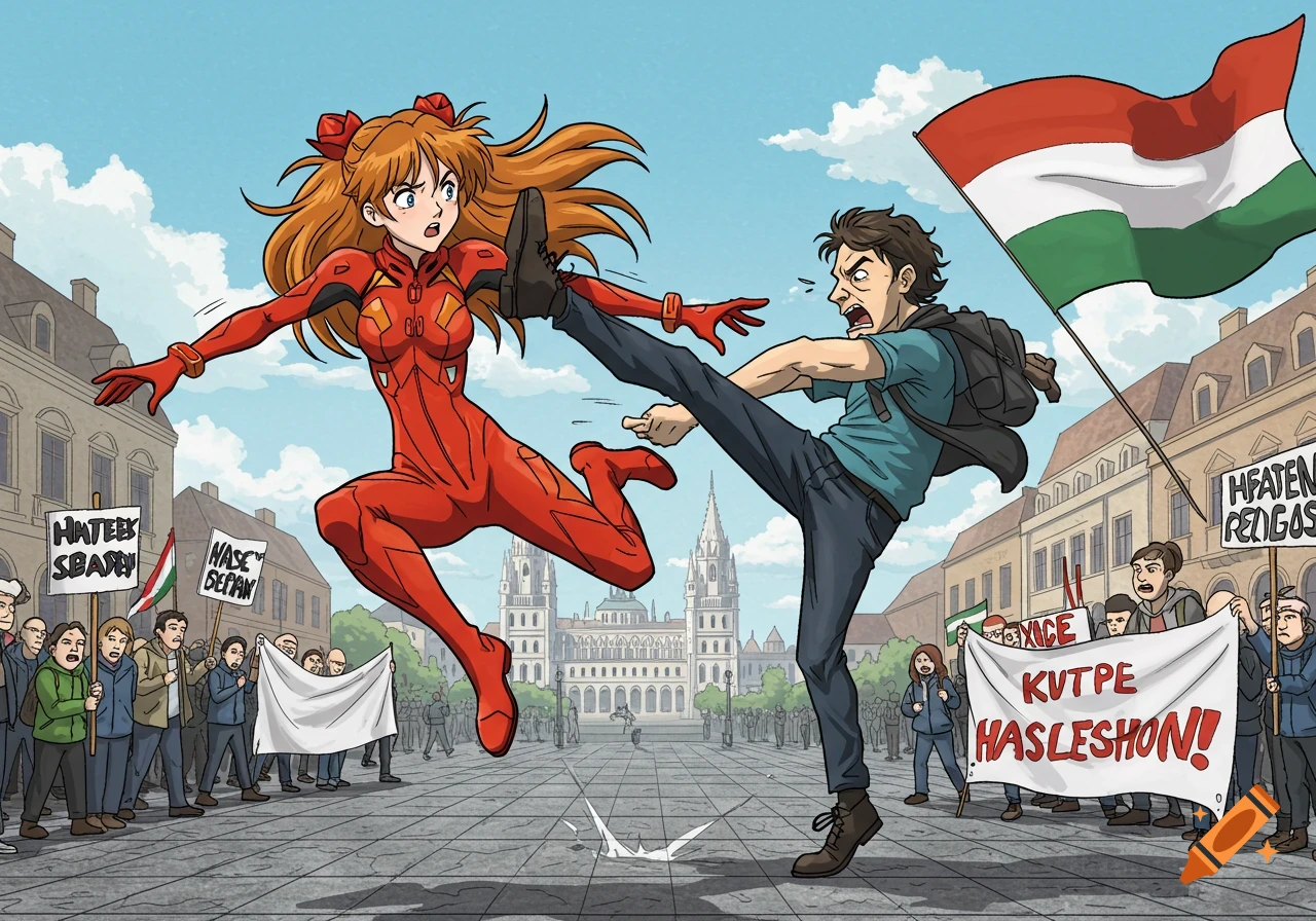 Anime character Asuka Langley Soryu is kicked by a male protestor in a political cartoon style, set in a city square with a Hungarian flag.