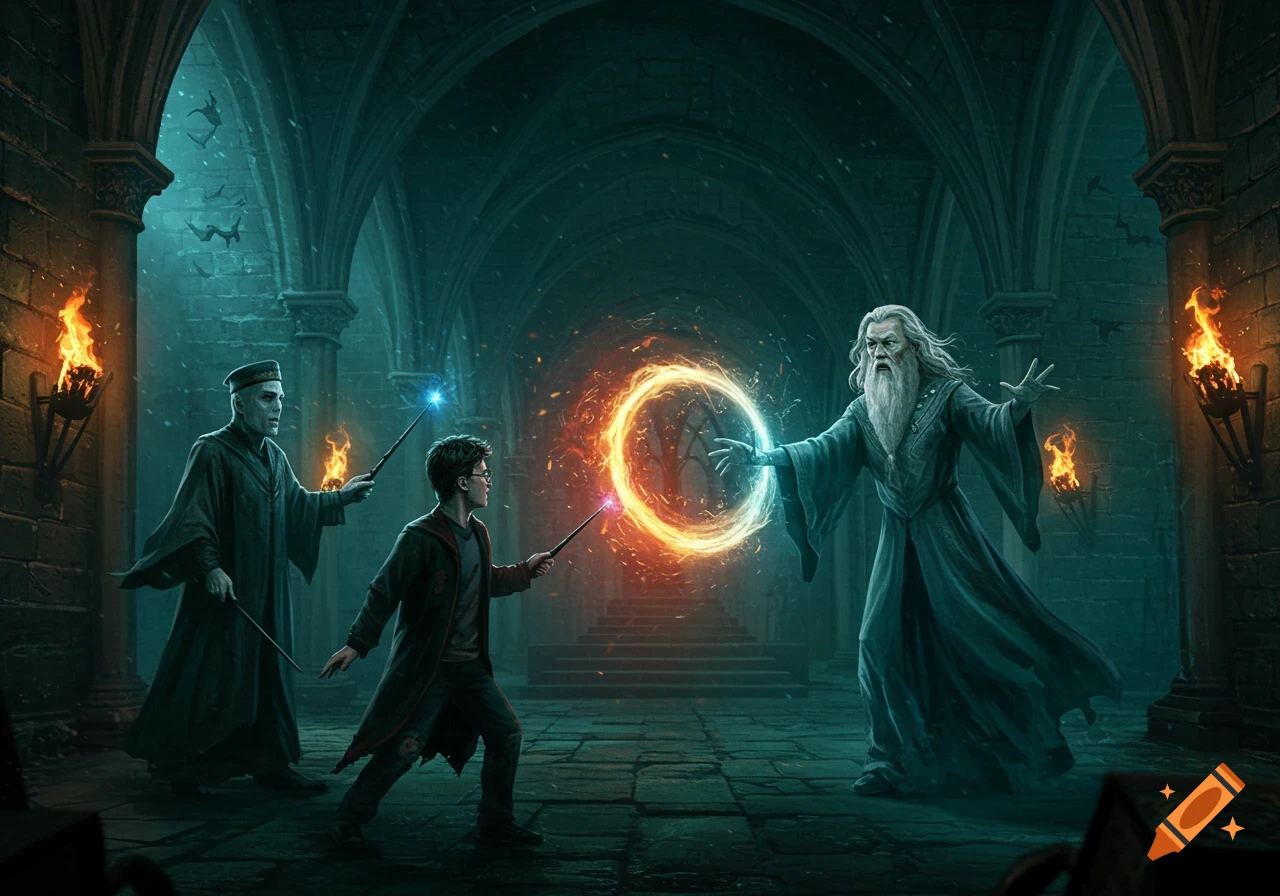Harry Potter and an old wizard face off against another wizard in a dimly lit, arched stone hall with torches.