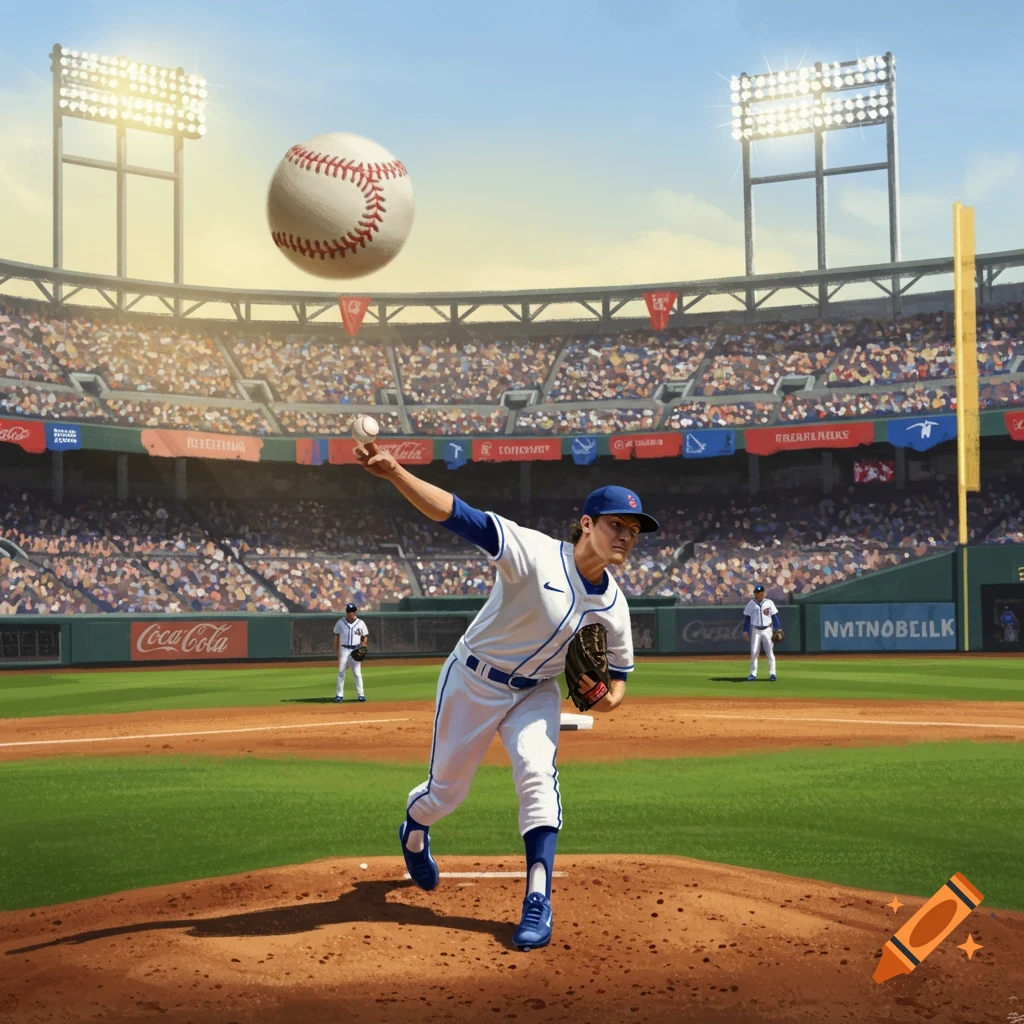 A baseball pitcher on a mound mid-throw, with a large baseball floating above, in a crowded stadium on a sunny day. Realistic style.