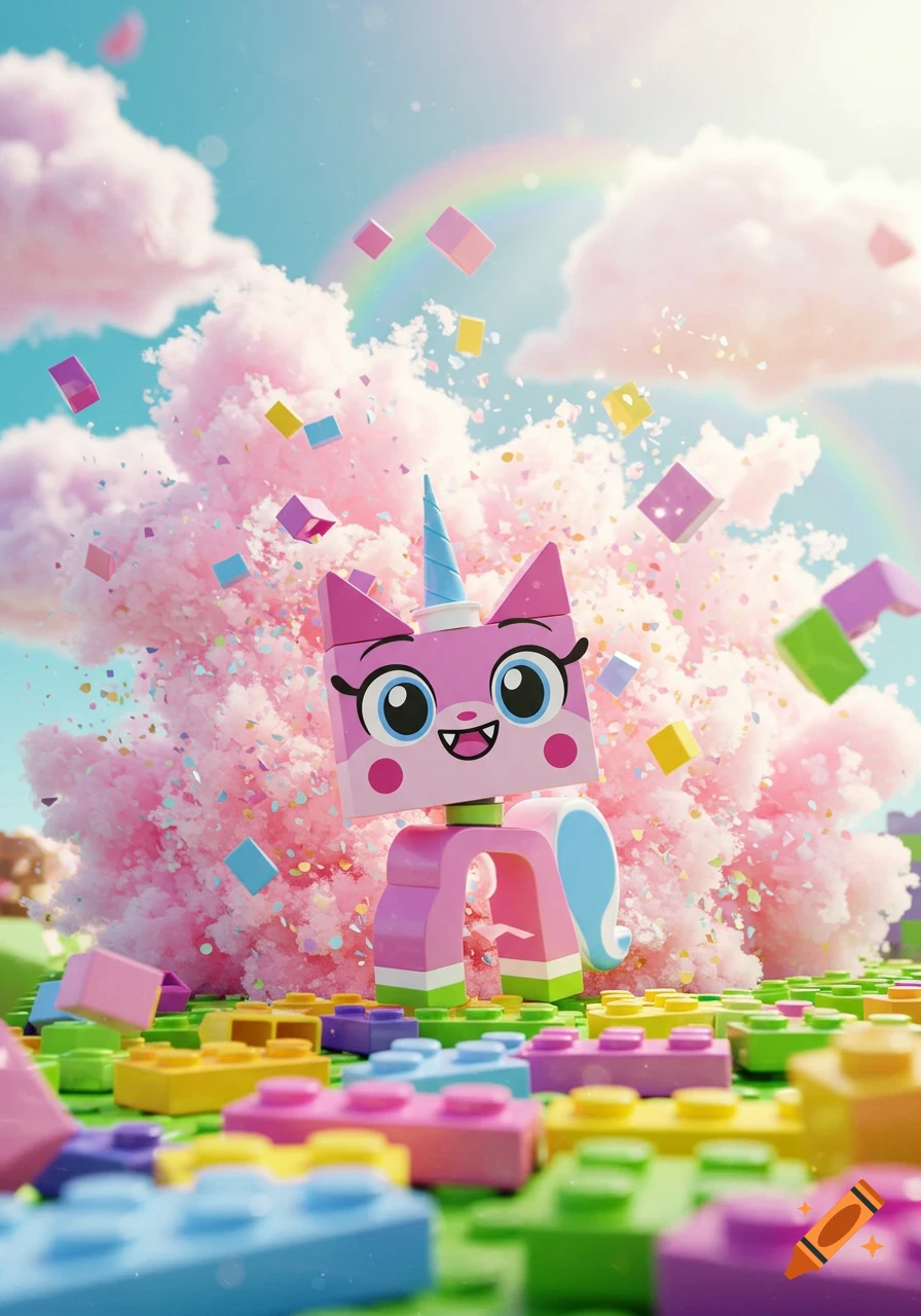 A pink Unikitty Lego figure stands among colorful Lego bricks with pink clouds, confetti, and a rainbow.