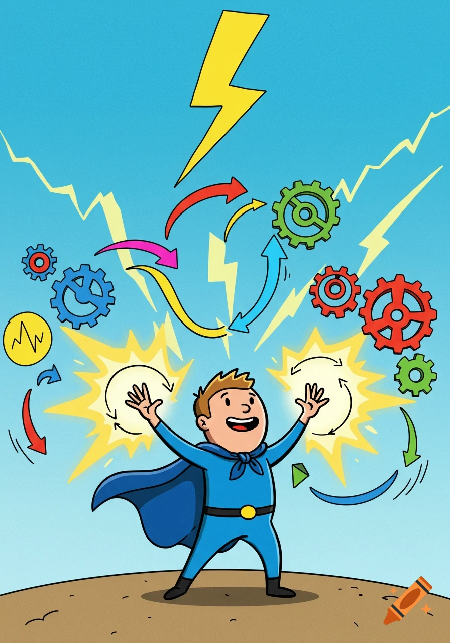 A cartoon superhero with arms raised, surrounded by lightning bolts, colorful gears, arrows, and other abstract symbols representing energy and motion.