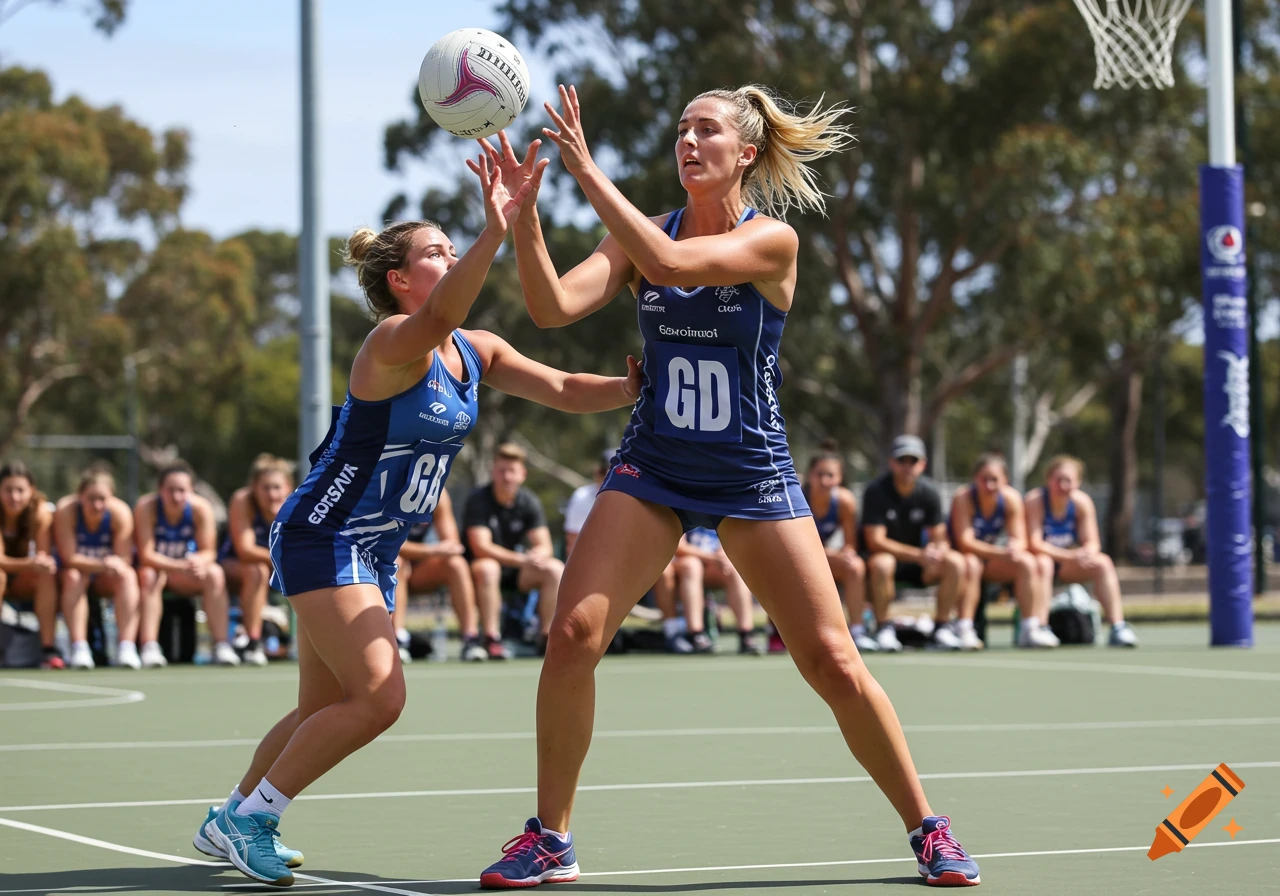 Two female netball players in blue uniforms, one jumping to catch the ball as the other defends on an outdoor court.