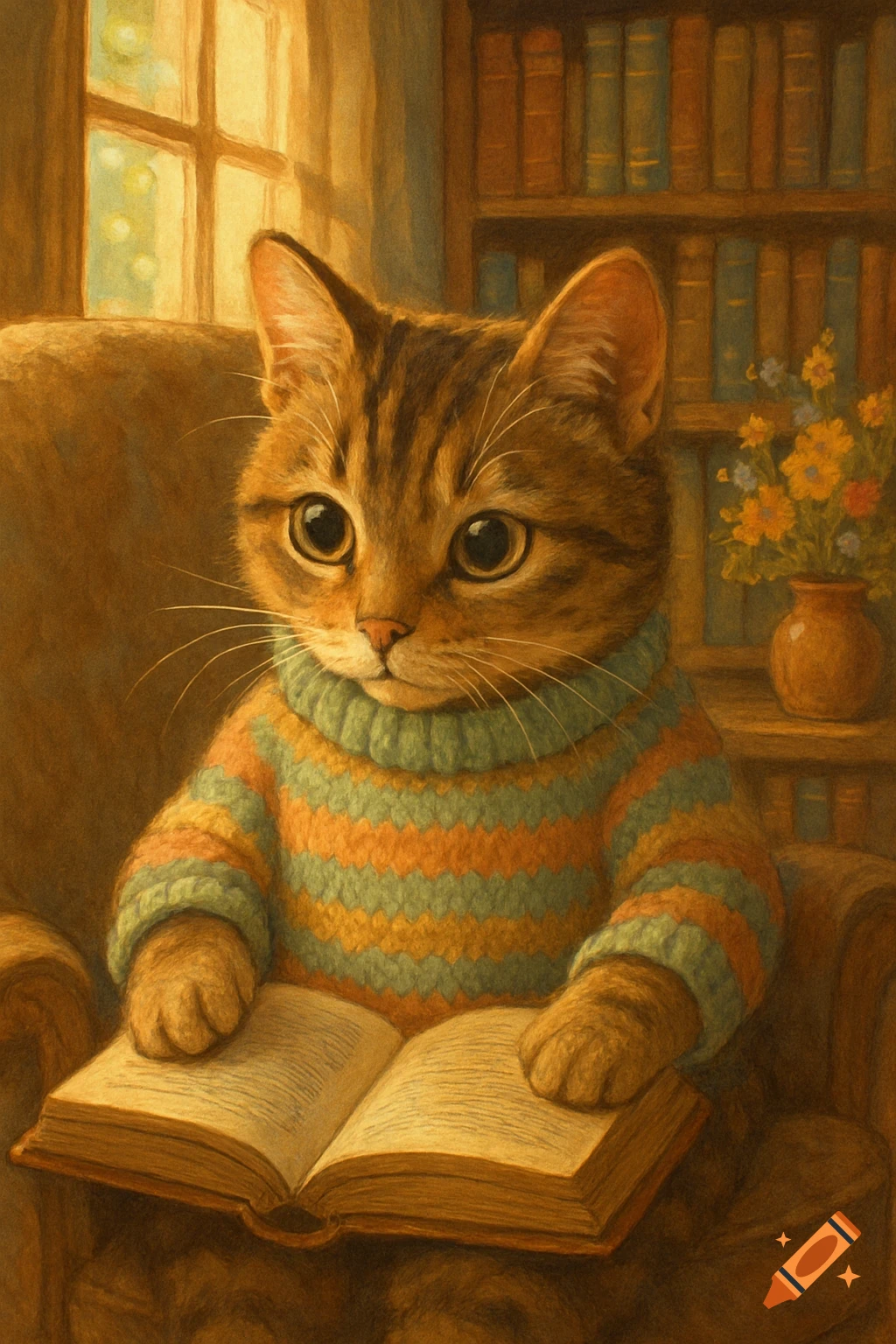A cute tabby cat wearing a striped green and orange sweater sits in an armchair, reading an open book by a sunlit window.