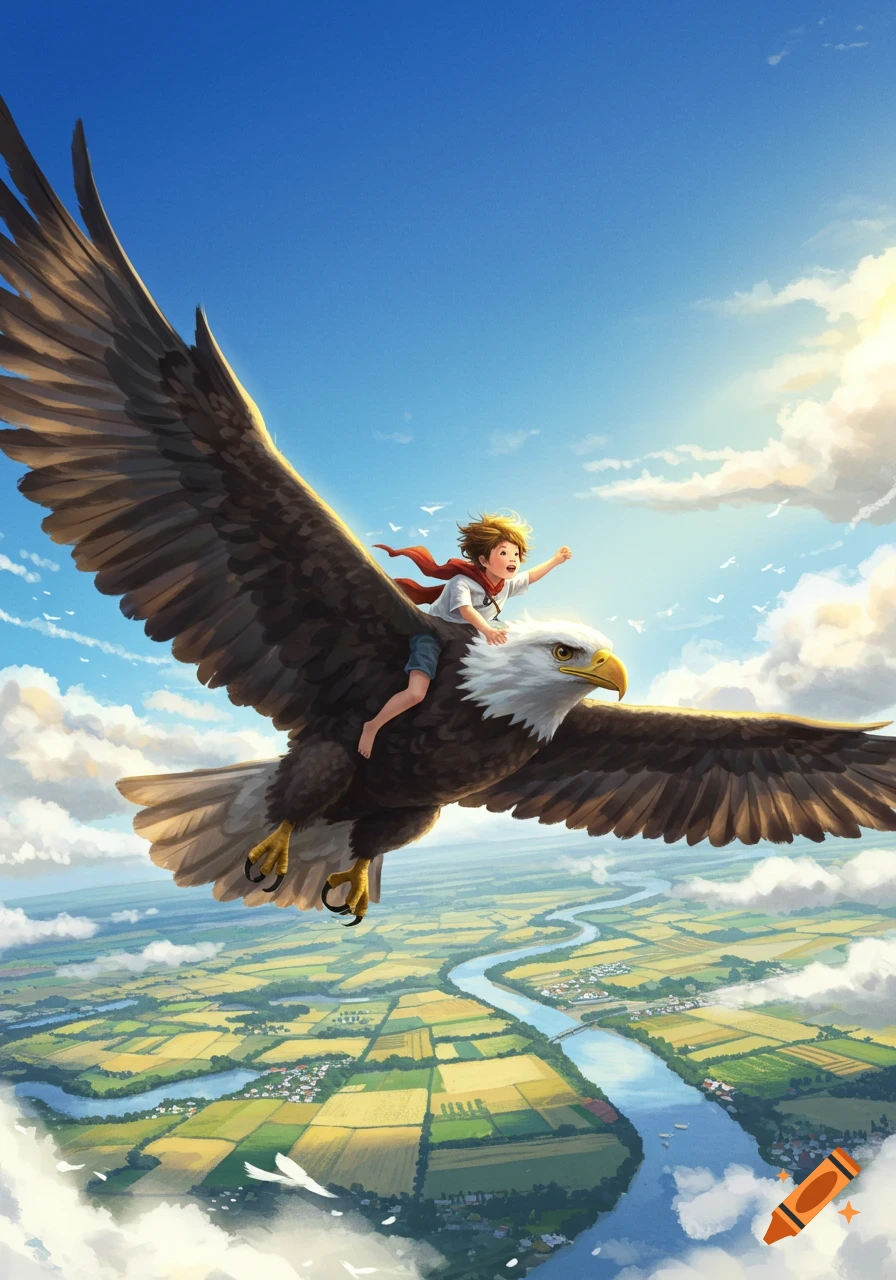 A boy in a red cape rides a majestic bald eagle high above a vast landscape of fields and rivers under a bright blue sky.
