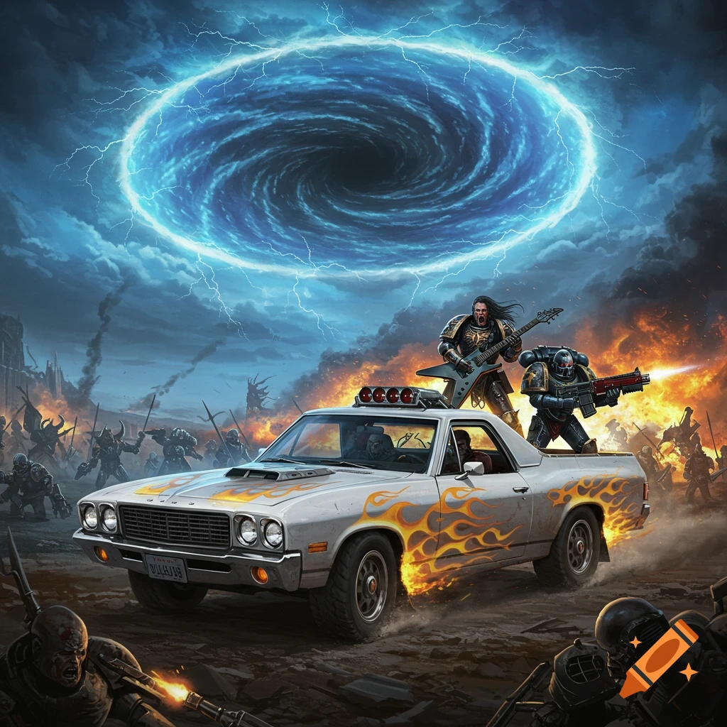 A white El Camino with flames drives through a fiery battlefield under a swirling blue portal, carrying a guitarist and a space marine.