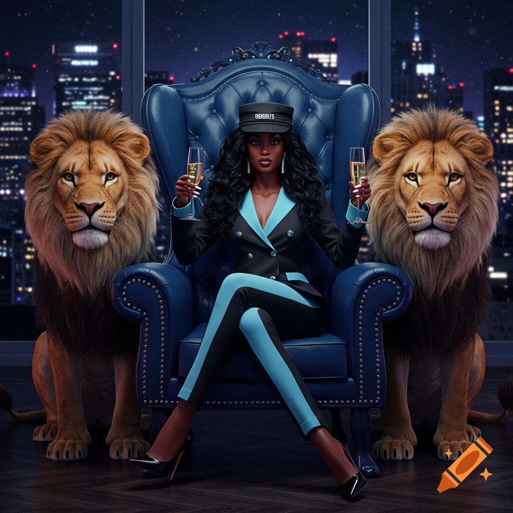 A woman in a black and light blue suit sits on a blue throne-like chair between two lions, holding champagne flutes, with a city skyline visible through a large window.