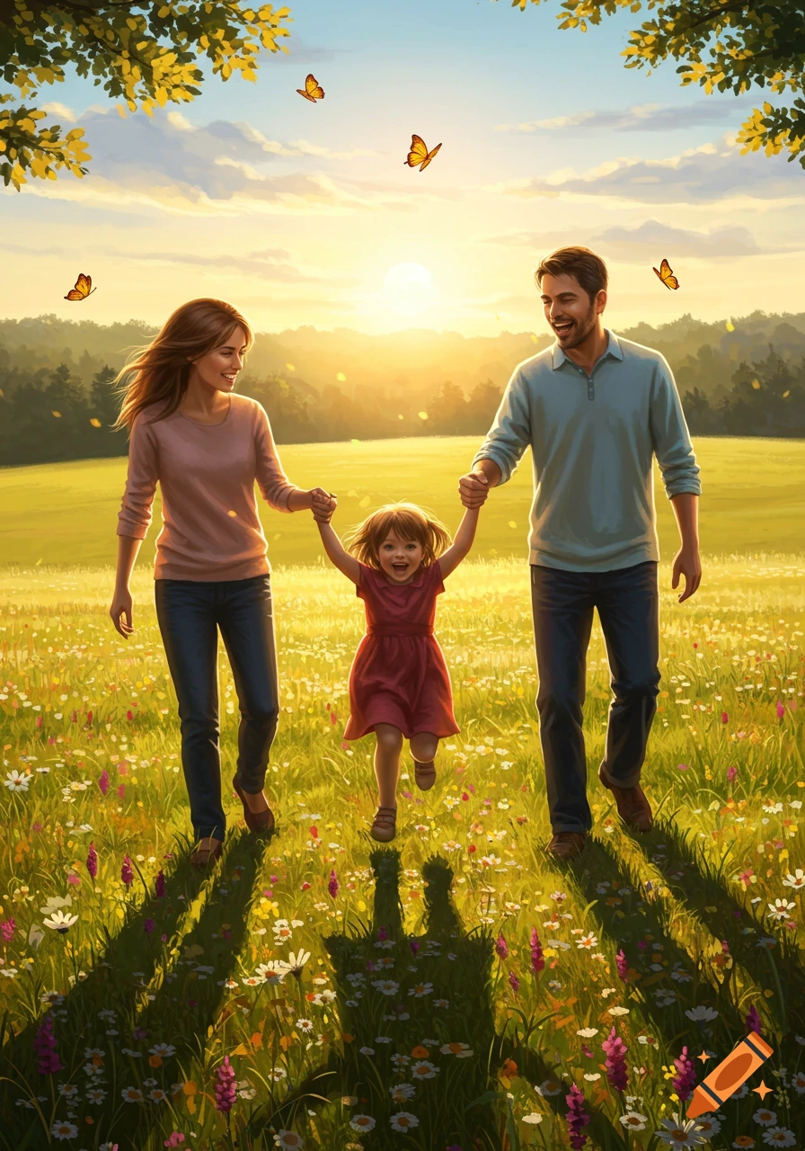 A happy family walks through a sunny meadow filled with wildflowers, with butterflies fluttering around them. It's a vibrant illustration.