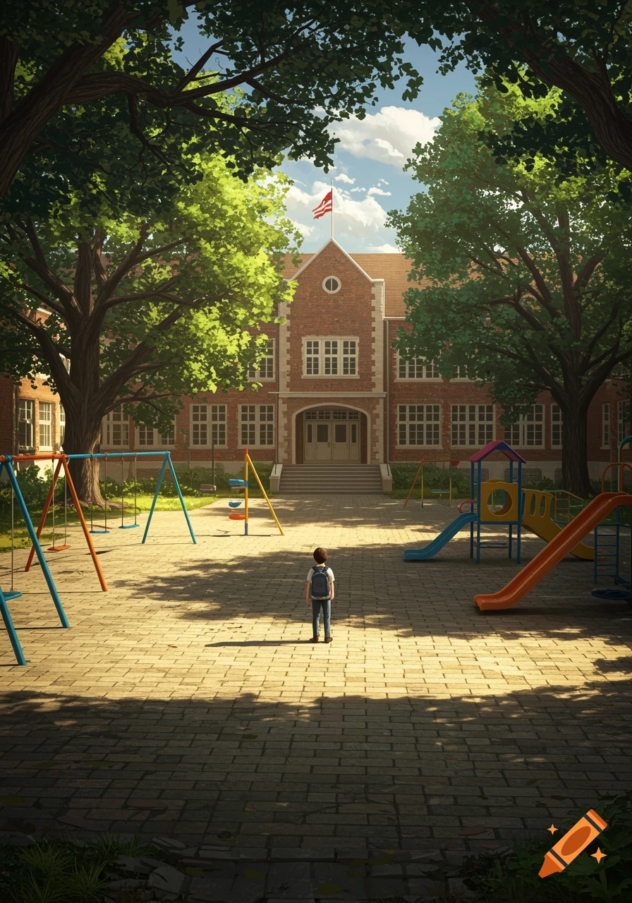 A child stands on a paved school courtyard facing a brick school building with a playground nearby, under green trees.
