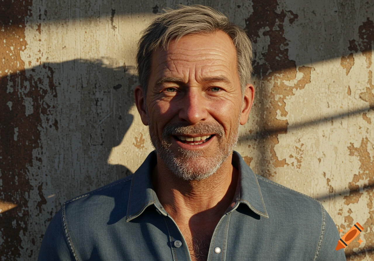 Close-up portrait of a smiling middle-aged man with graying hair and a beard, against a textured wall in sunlight.