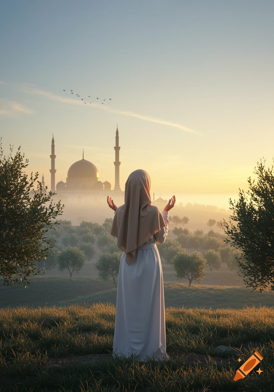 Young Muslim woman in hijab praying on a hill at sunrise, a mosque and olive trees in the foggy distance. Photorealistic.