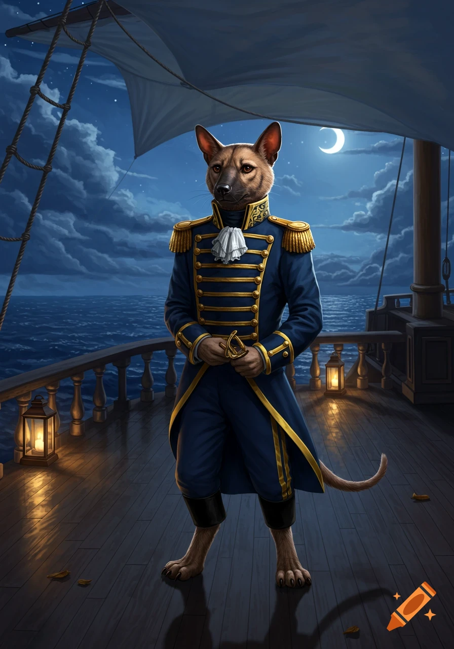 An anthropomorphic thylacine in a blue and gold naval uniform stands on a ship's deck at night under a crescent moon.