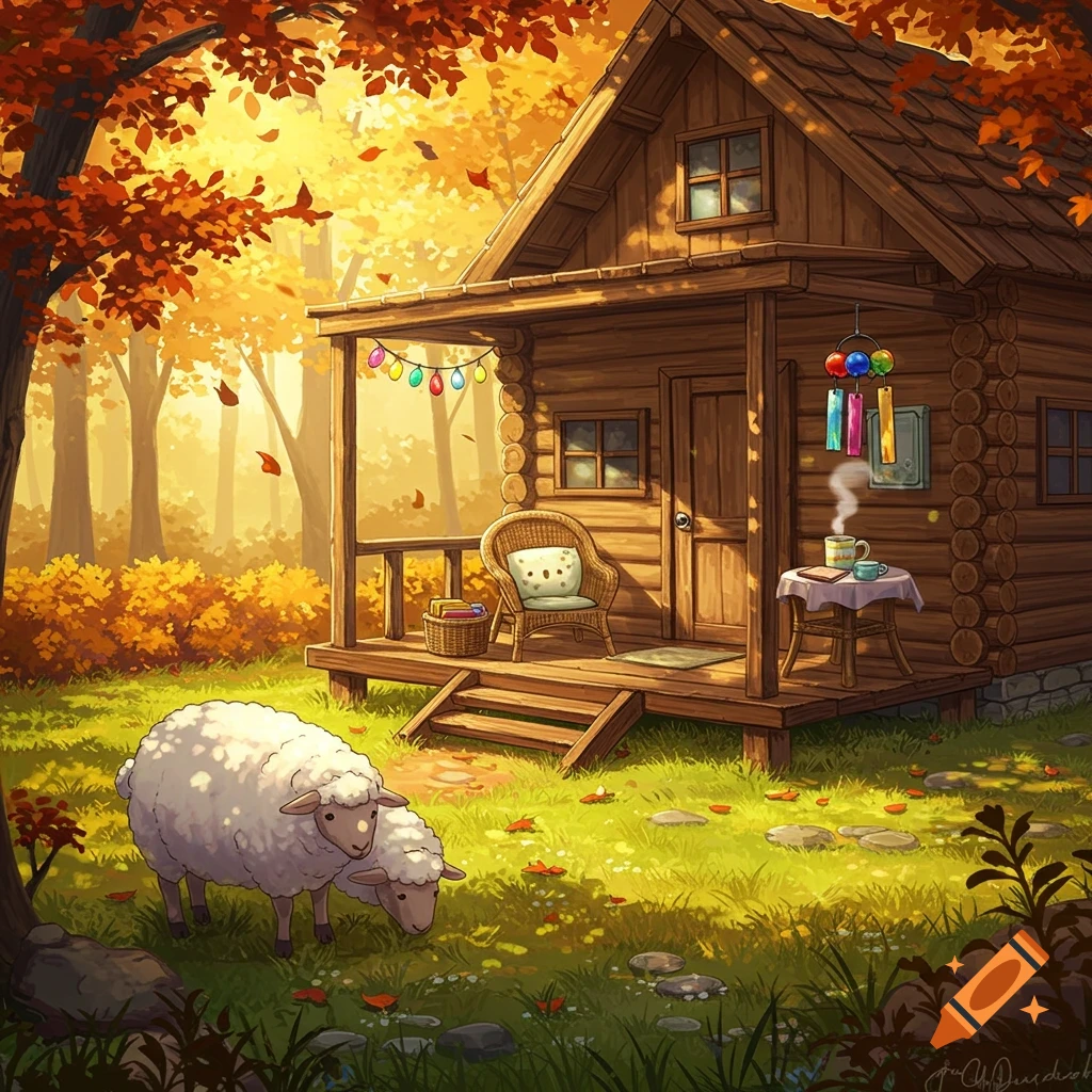 A cozy anime-style wooden cabin with string lights on its porch in an autumn forest. Two sheep graze in the yard.