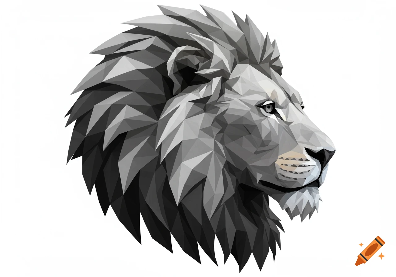 A stylized grey polygonal lion's head in profile against a white background.