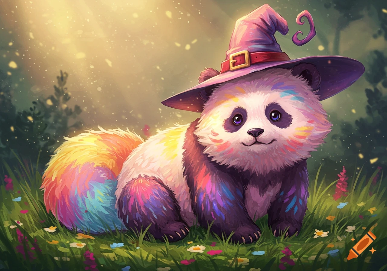 A cute, fluffy panda with rainbow fur and a witch's hat with a question mark curl sits in a magical, sunlit meadow.