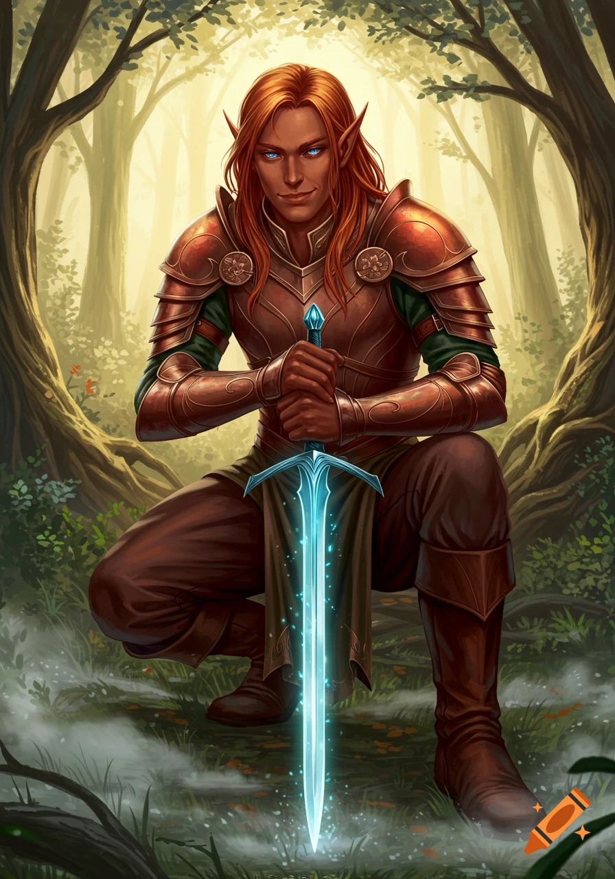 An elf swordsman with long red hair and blue eyes, wearing brown armor, kneels in a sunlit forest, holding a glowing blue sword.