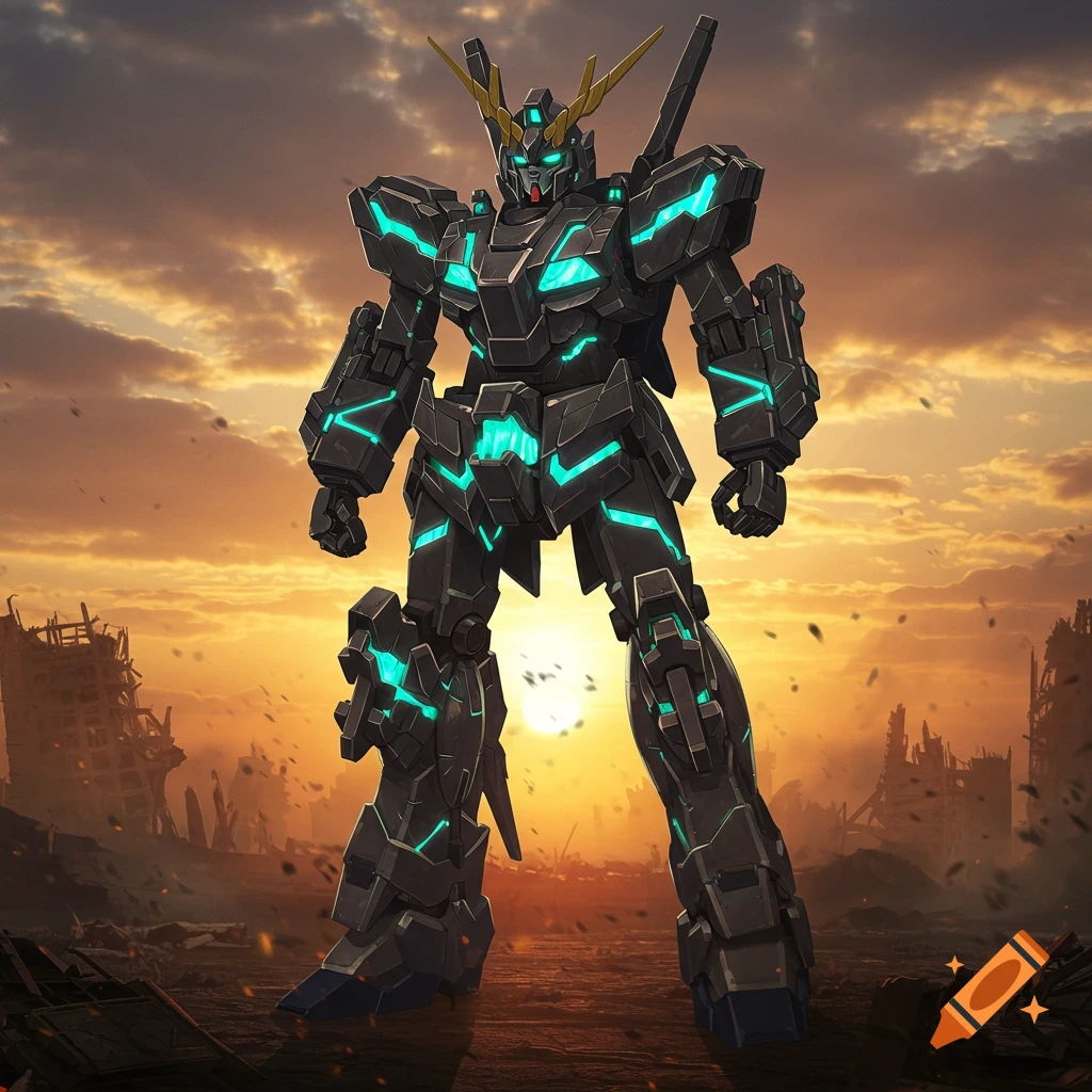 A dark mecha robot with glowing cyan accents stands in a ruined, desolate landscape under an orange sunset sky.