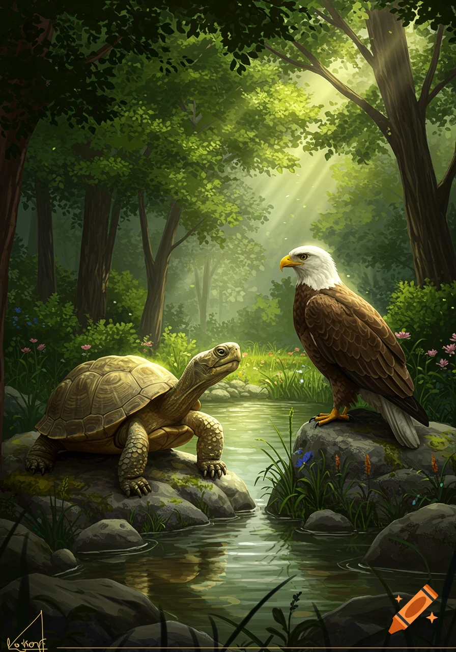 An illustrated scene of a large turtle and a bald eagle on rocks by a stream in a sunlit, lush green forest.