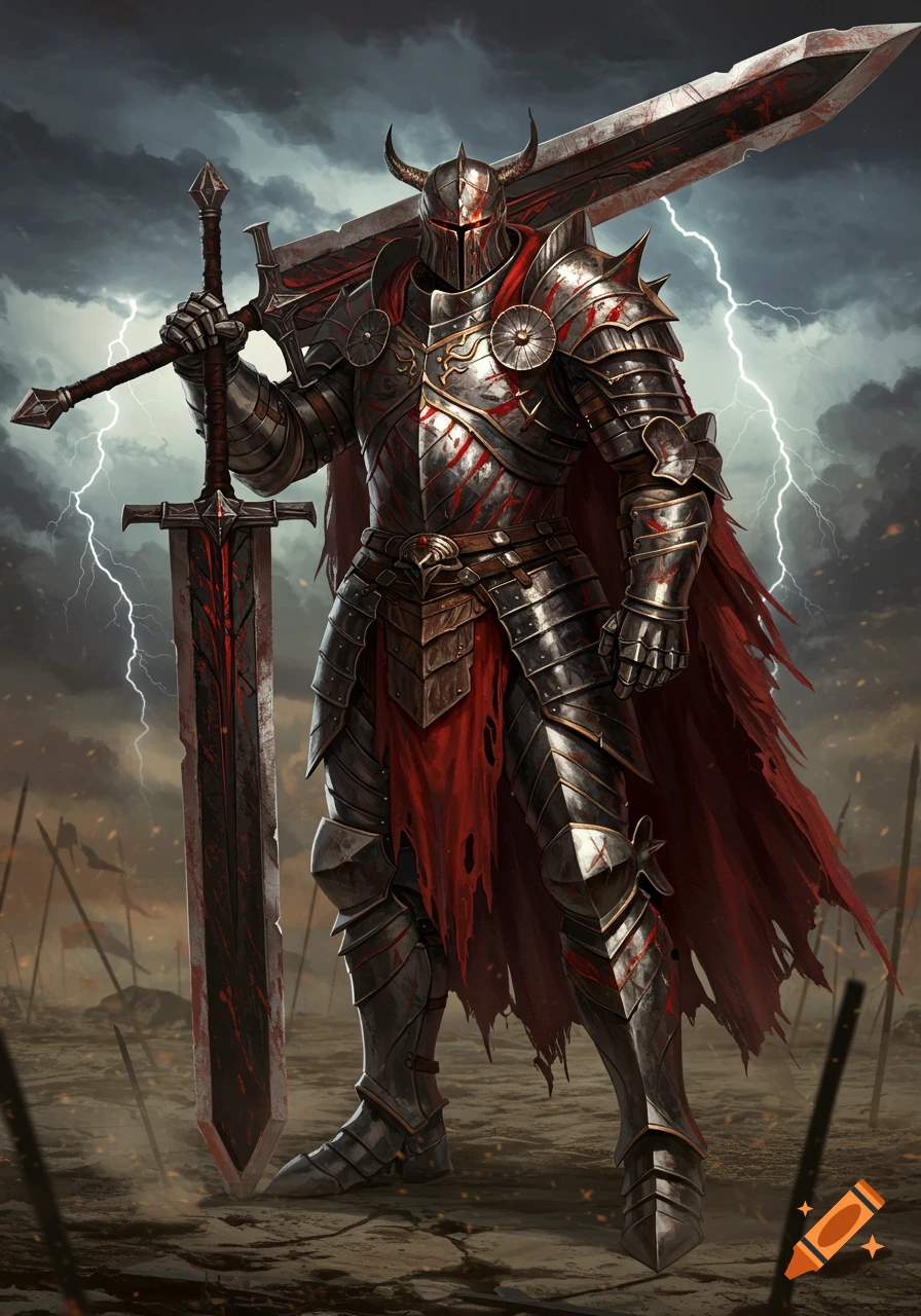 A formidable knight in blood-splattered armor stands on a battlefield, holding a massive sword under a stormy, lightning-filled sky.