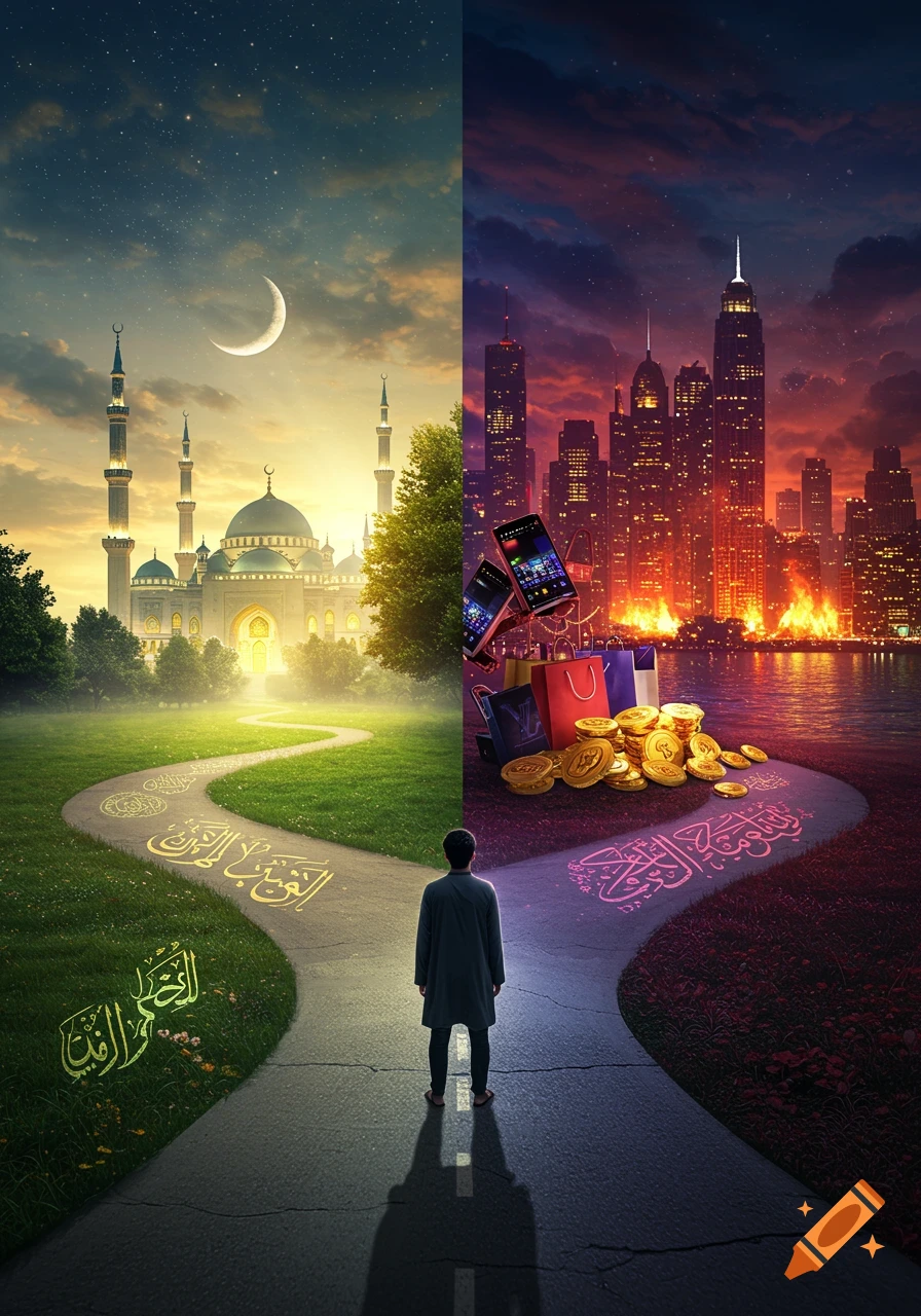 A person stands at a crossroads, one path leading to a serene mosque under a crescent moon with religious Arabic text, the other to a bustling city skyline at sunset with gold coins, shopping bags, phones, and worldly Arabic text.