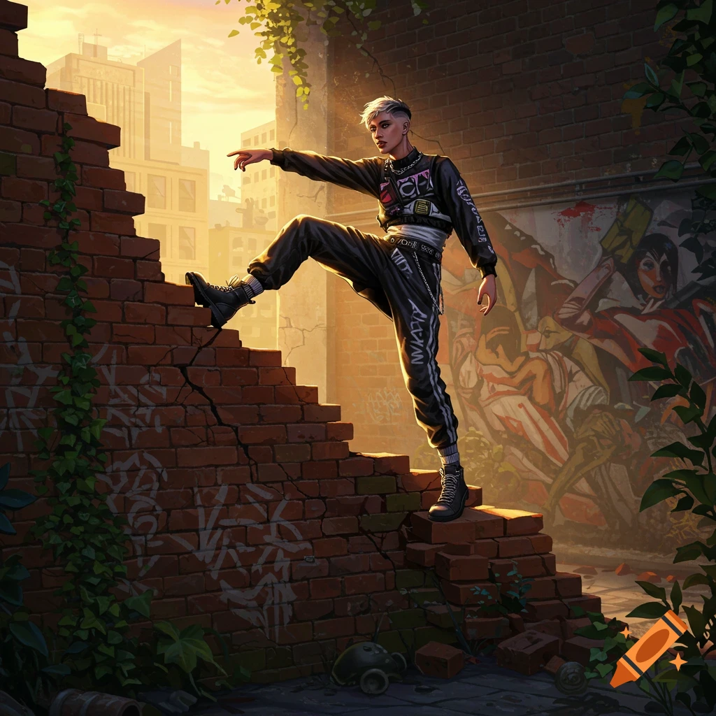 A person with short, white hair and black streetwear stands on a broken brick wall in an urban alley, pointing forward. City buildings and a mural are in the background.