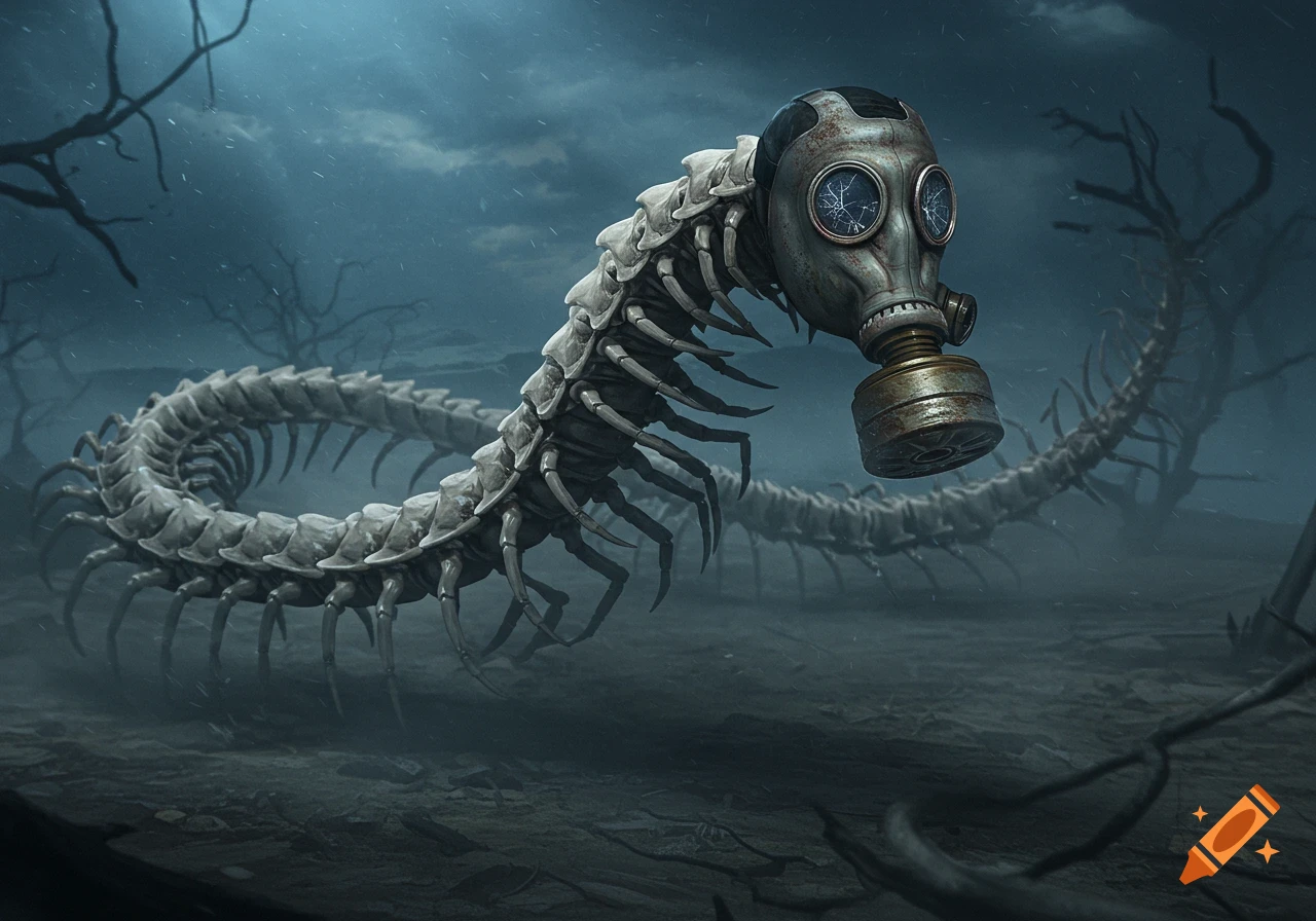 A centipede-like skeleton with a gas mask for a head stands in a dark, barren wasteland under a stormy sky.