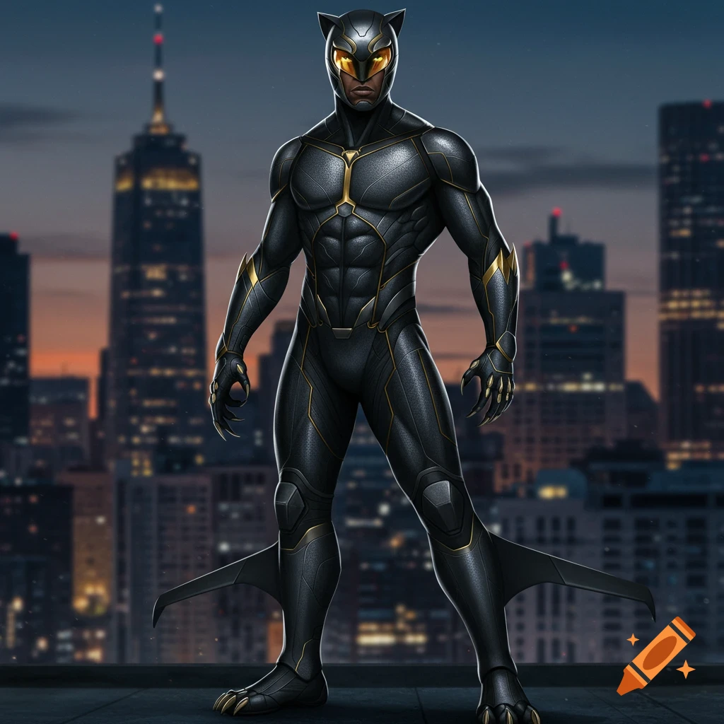 A male superhero in a black and gold suit with a cat-eared helmet and leg fins stands on a rooftop overlooking a city at dusk.