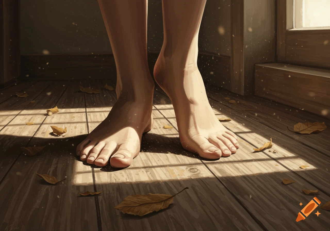 Bare feet standing on a sunlit wooden floor with fallen autumn leaves.
