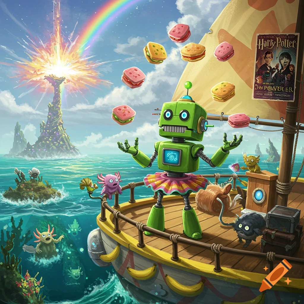 A green robot in a tutu juggles sandwiches on a sailboat, accompanied by various creatures, under a rainbow and a fantastical exploding island.