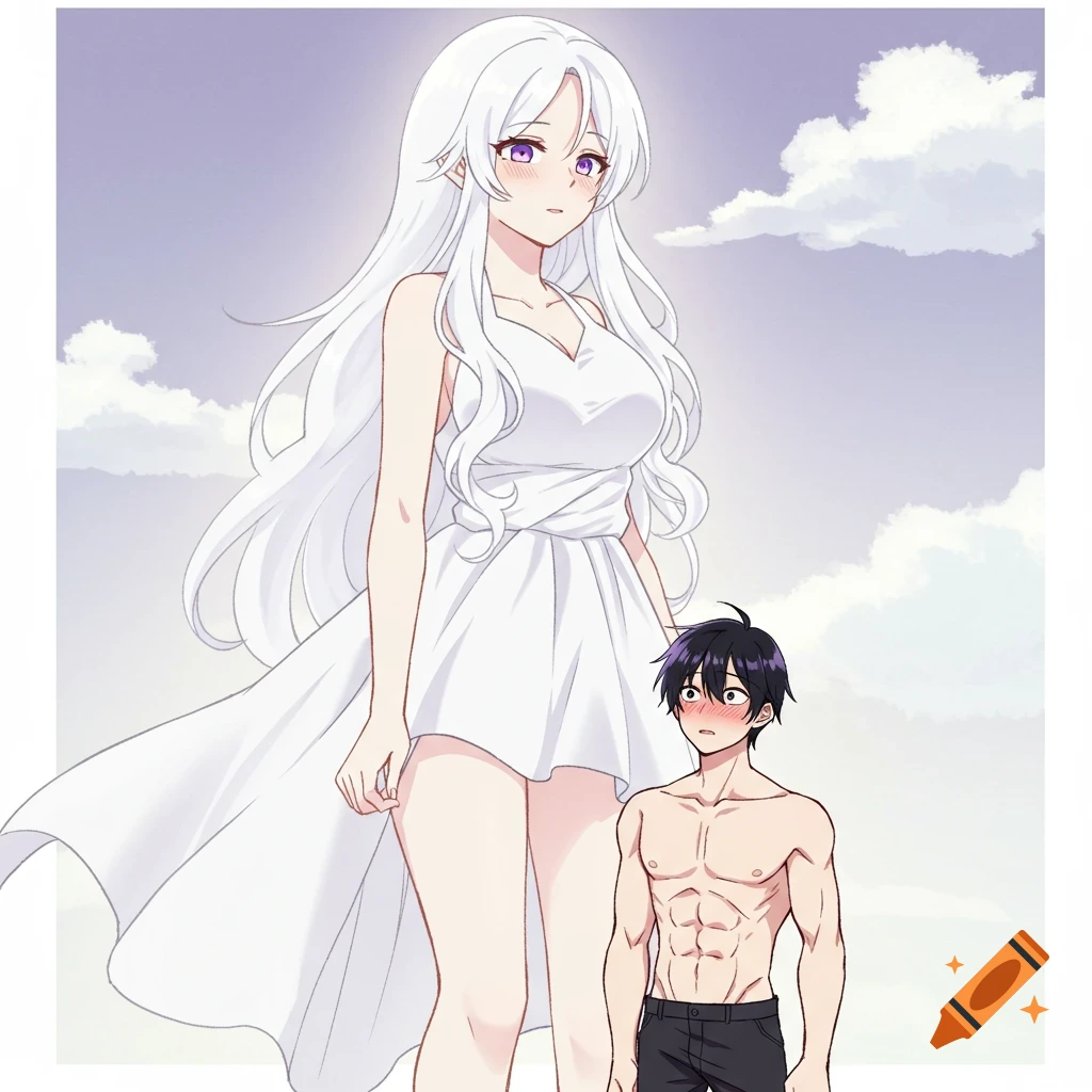 An anime giantess with long white hair and a white dress stands next to her shorter, shirtless, blushing boyfriend under a cloudy sky.