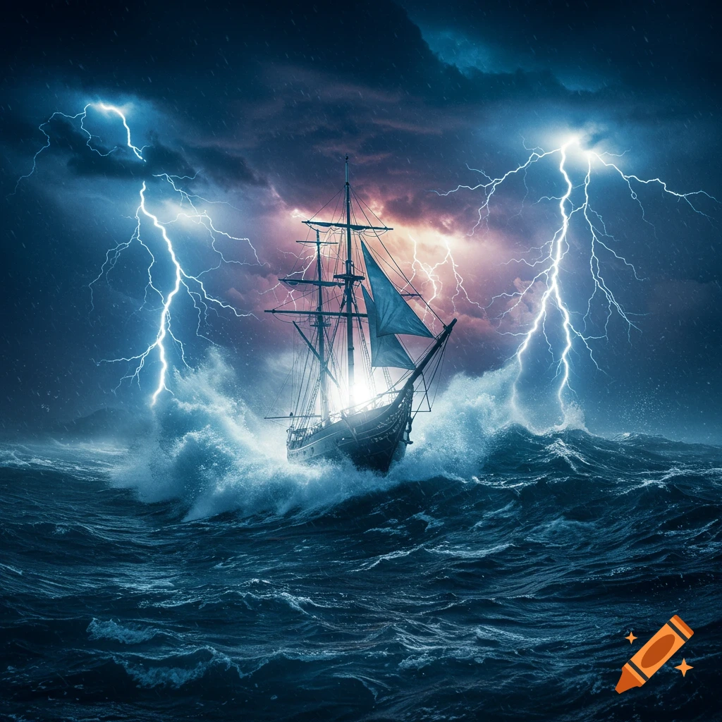 A tall ship navigates a tumultuous storm with large waves and brilliant lightning bolts illuminating a dark, dramatic sky.