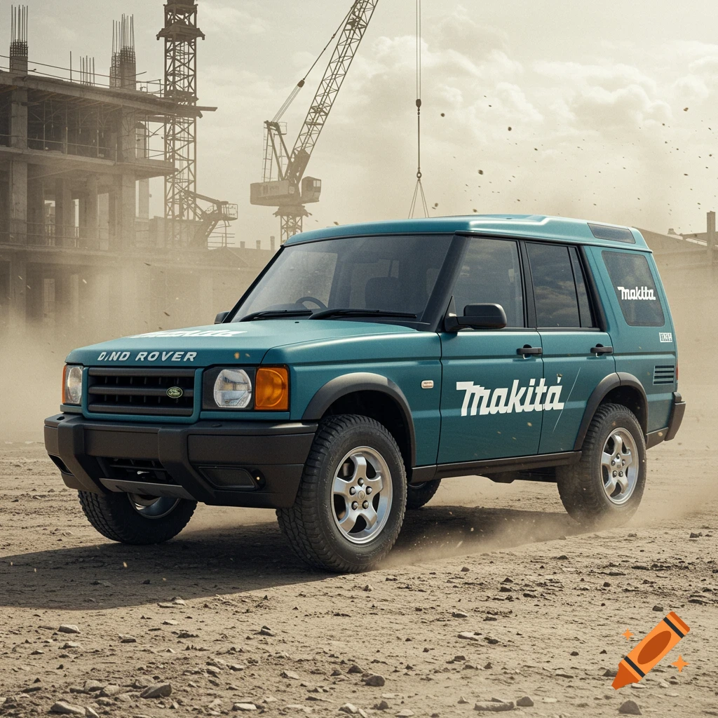 Teal Land Rover Discovery 1 with Makita branding drives on a dusty road near a construction site, photorealistic.