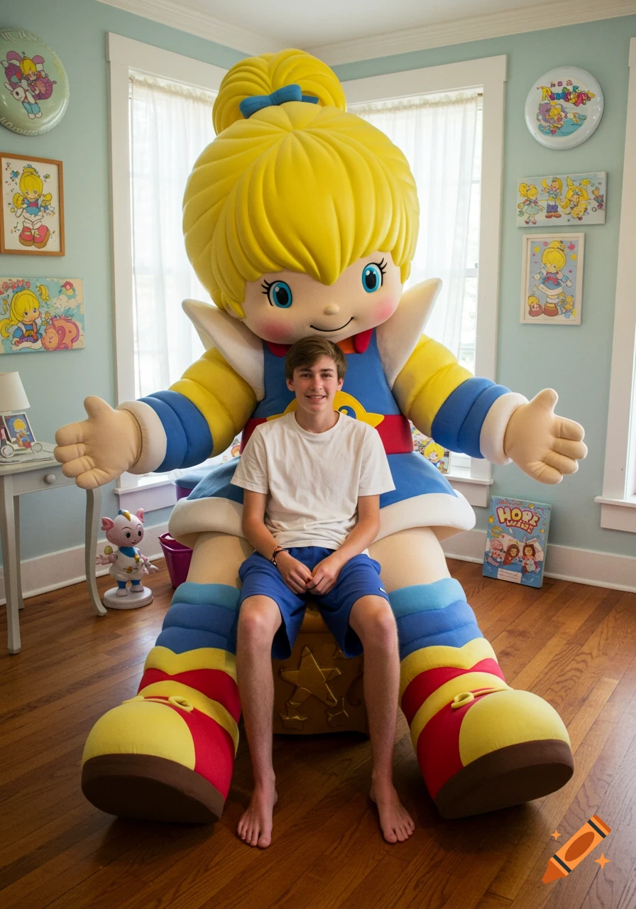 A teenage boy sits barefoot on the lap of a giant Rainbow Brite mascot in a bright room, surrounded by character artwork.