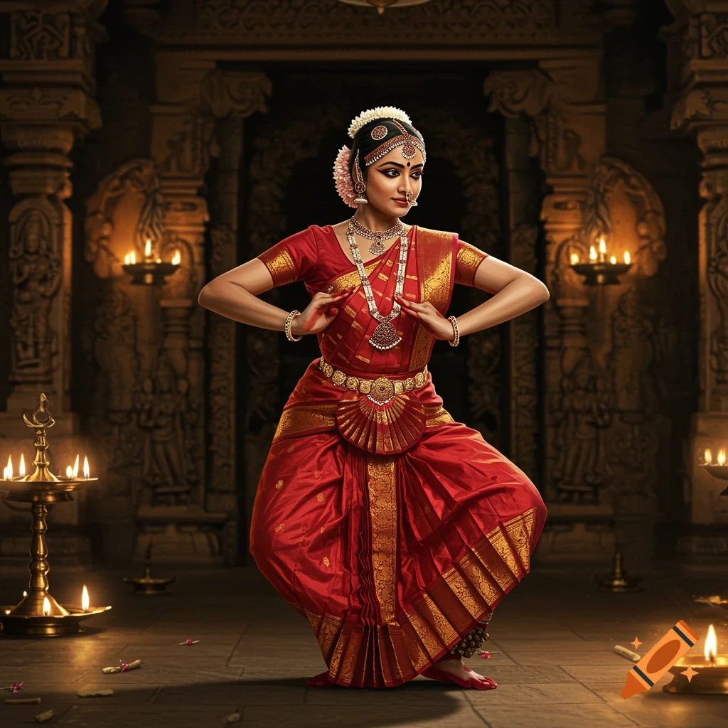 A photorealistic image of a young woman performing Bharatanatyam in a dimly lit, ornate temple hall, surrounded by candles.
