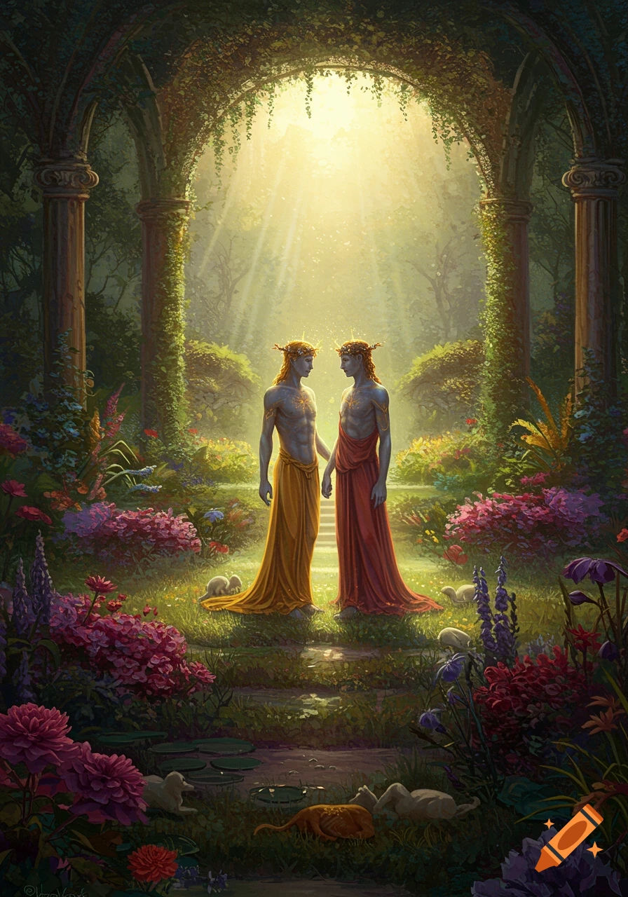 Two mythical figures in flowing robes stand hand-in-hand under a glowing archway in a lush, overgrown divine garden.