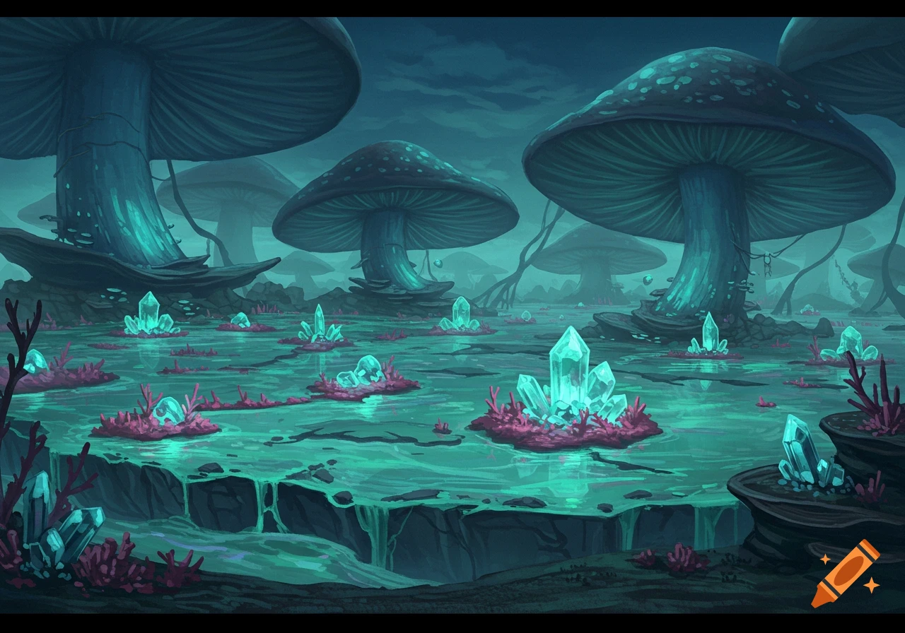 A vibrant blue and green mushroom swamp with glowing crystals and rocky formations under a perpetually dusk sky.